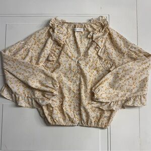 Bishop + Young Long Sleeve White Yellow Floral Ruffle Blouse Top Size XS